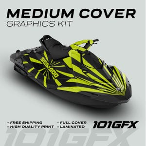 May include: A black and yellow Sea-Doo jet ski with a graphic design of a sunburst pattern. The graphics kit includes free shipping and is laminated.