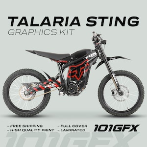 May include: Black and red motorcycle graphics kit with the text "TALARIA STING GRAPHICS KIT" and "101GFX" on a white background. The kit includes free shipping and is high quality print and laminated.