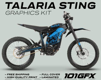 Talaria Sting MX3 MX4 Graphics Kit R BULL MONO BLACK Cyan Decals Stickers Laminated eBike Emoto