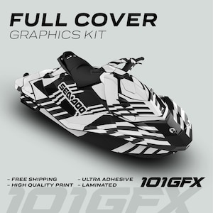 May include: Black and white full-coverage graphics kit for a Sea-Doo jet ski. The kit features a bold, geometric pattern with a 101GFX logo.