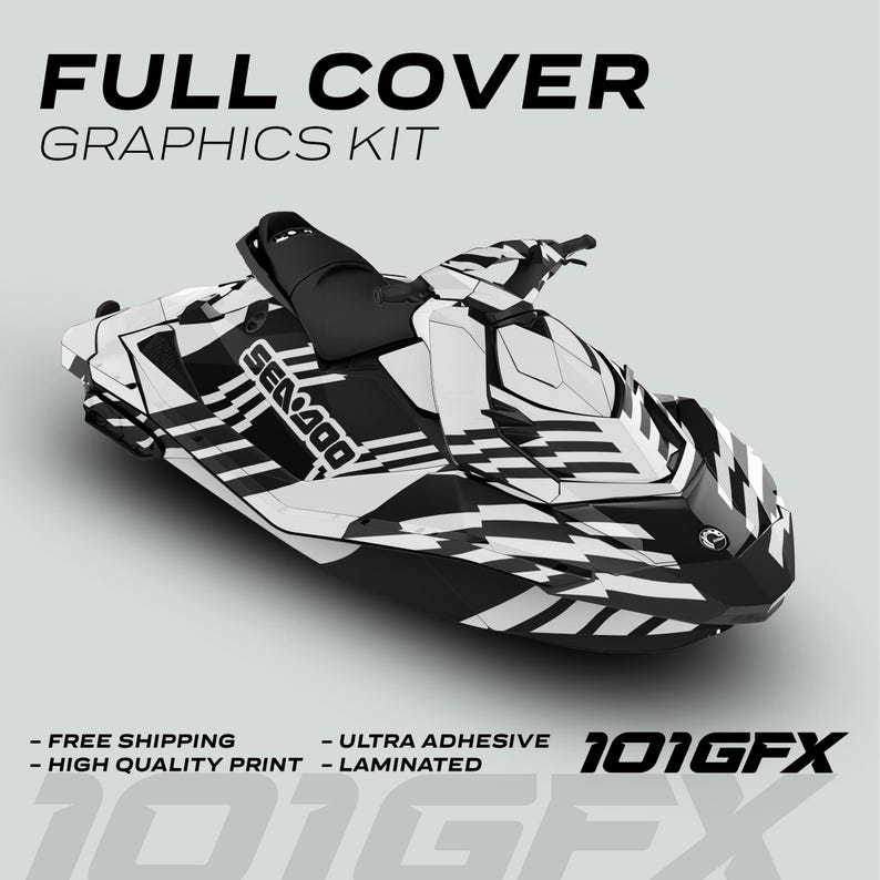 May include: Black and white full-coverage graphics kit for a Sea-Doo jet ski. The kit features a bold, geometric pattern with a 101GFX logo.