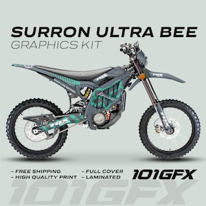 Surron Ultra Bee Graphics Kit FOX RACE LINE Grey Mint Decals Stickers Laminated Fox Racing eBike Sur-Ron Ultra Decals Wrap Protection