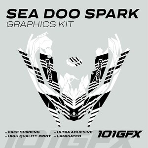 May include: Black and white graphic kit for a Sea-Doo Spark watercraft. The kit features a stylized design with the Sea-Doo logo and the text "101GFX".