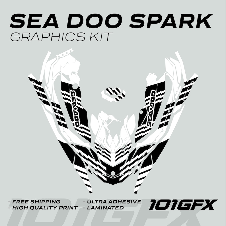 May include: Black and white graphic kit for a Sea-Doo Spark watercraft. The kit features a stylized design with the Sea-Doo logo and the text "101GFX".