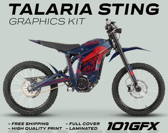 May include: A blue and red electric dirt bike with a Red Bull logo on the side. The bike has a black seat and black wheels. The text "TALARIA STING GRAPHICS KIT" is at the top of the image. The text "101GFX" is at the bottom of the image.