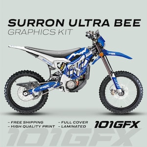 Surron Ultra Bee Graphics Kit FOX RACE LINE Blue White Decals Stickers Laminated Fox Racing eBike Sur-Ron Ultra Decals Wrap Protection