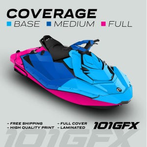 May include: A blue and pink jet ski with a black seat and handlebars. The jet ski has a 101GFX logo on the side. The image shows different coverage options for a jet ski wrap: base, medium, and full.