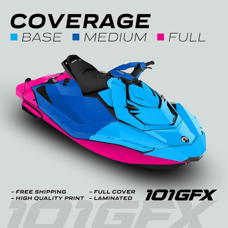 May include: A blue and pink jet ski with a black seat and handlebars. The jet ski has a 101GFX logo on the side. The image shows different coverage options for a jet ski wrap: base, medium, and full.