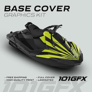 May include: A black and yellow jet ski with a graphic design of black and yellow stripes. The jet ski is on a white background. The text "BASE COVER GRAPHICS KIT" is at the top of the image. The text "101GFX" is at the bottom of the image.