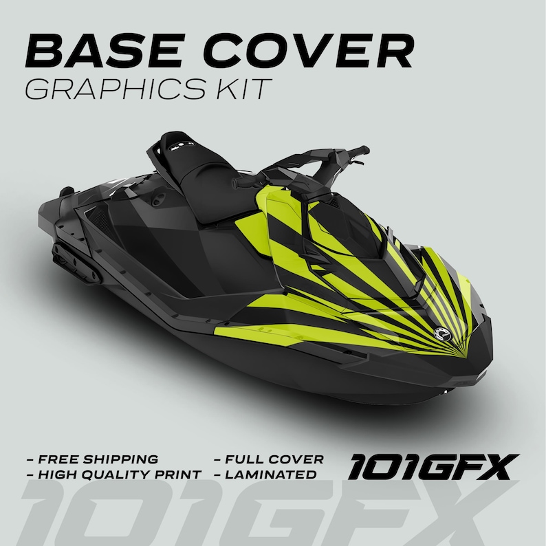 May include: A black and yellow jet ski with a graphic design of black and yellow stripes. The jet ski is on a white background. The text "BASE COVER GRAPHICS KIT" is at the top of the image. The text "101GFX" is at the bottom of the image.