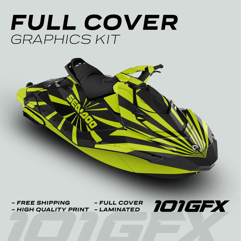 May include: A black and yellow jet ski with a graphic design of a sunburst. The jet ski has the text "Sea-Doo" on the side. The text "101GFX" is in the bottom right corner of the image.