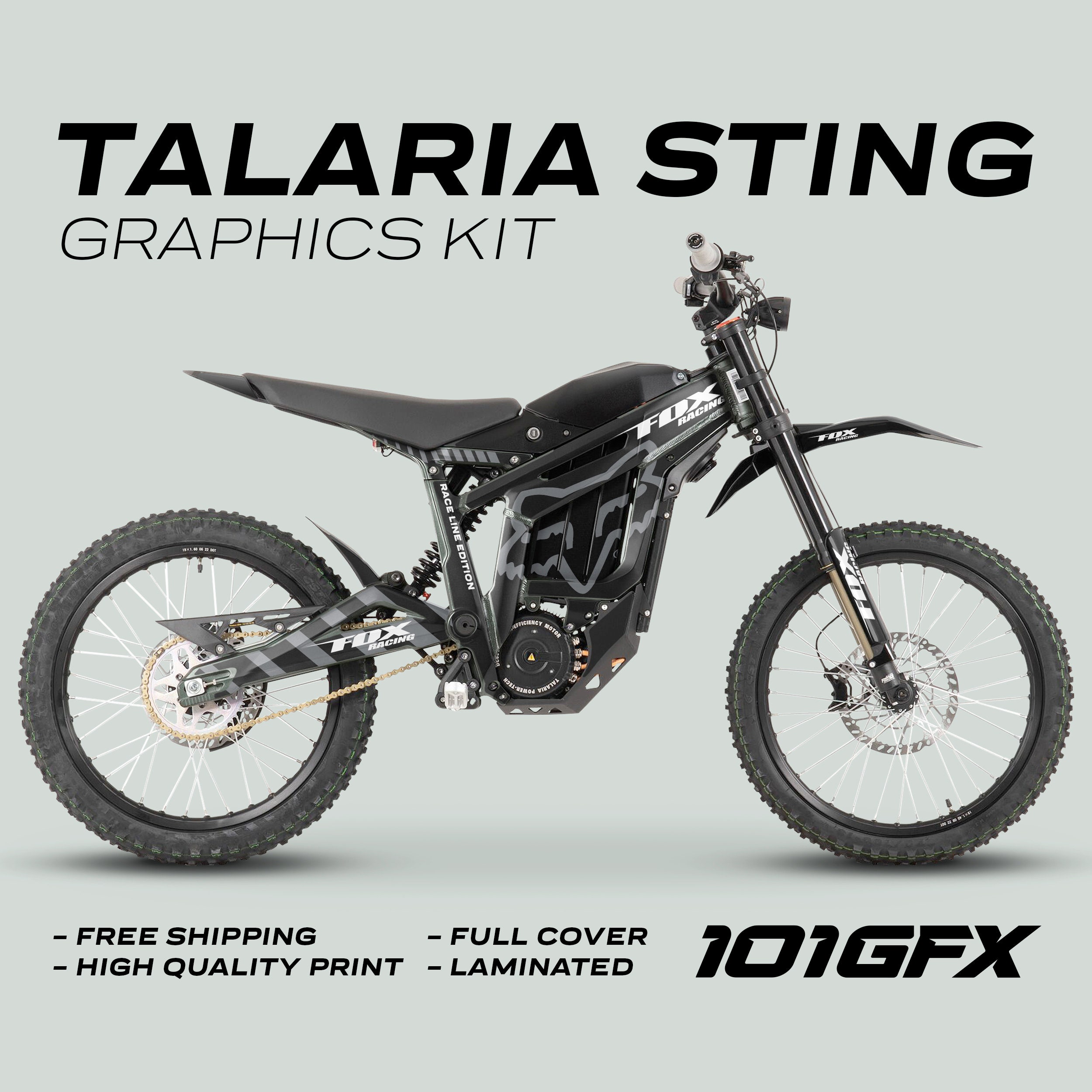 Talaria Sting MX3 MX4 Graphics Kit FOX Raceline BLACK GREY Decals Stickers Laminated racing race sticker wrap eBike Emoto