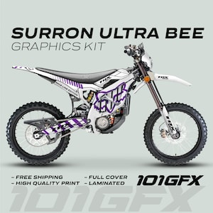 Surron Ultra Bee Graphics Kit FOX RACE LINE White Purple Decals Stickers Laminated Fox Racing eBike Sur-Ron Ultra Decals Wrap Protection