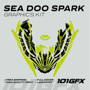 May include: A black and yellow graphic kit for a Sea-Doo Spark watercraft. The kit features a black and yellow design with the words "Sea-Doo" on the sides. The kit is labeled "Free Shipping", "High Quality Print", "Full Cover", and "Laminated". The kit is also labeled "101GFX".