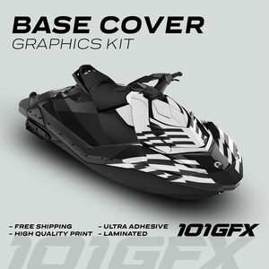 May include: Black and white graphic kit for a jet ski. The kit features a checkered pattern with a lightning bolt design. The kit is labeled "101GFX" and includes the text "BASE COVER GRAPHICS KIT".