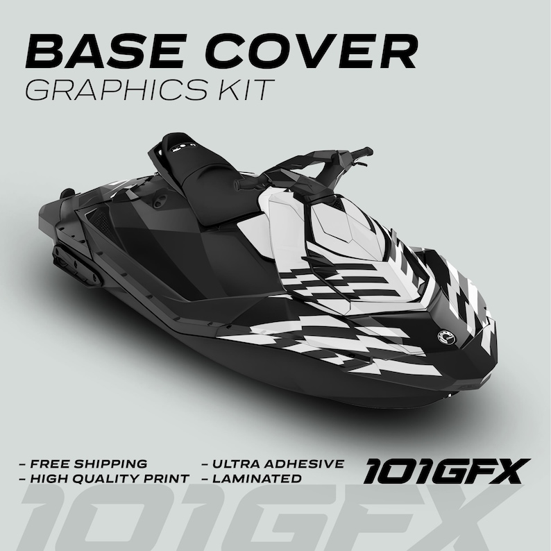 May include: Black and white graphic kit for a jet ski. The kit features a checkered pattern with a lightning bolt design. The kit is labeled "101GFX" and includes the text "BASE COVER GRAPHICS KIT".