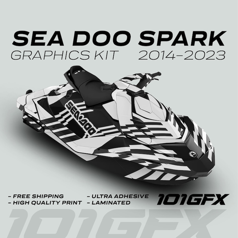 May include: Black and white graphic kit for a Sea-Doo Spark jet ski. The kit features a checkered pattern with the Sea-Doo logo. The kit is designed for 2014-2023 models.