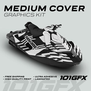 May include: Black and white graphic kit for a Sea-Doo jet ski. The kit features a bold, geometric pattern with a black and white color scheme. The kit is labeled "Medium Cover" and "101GFX".