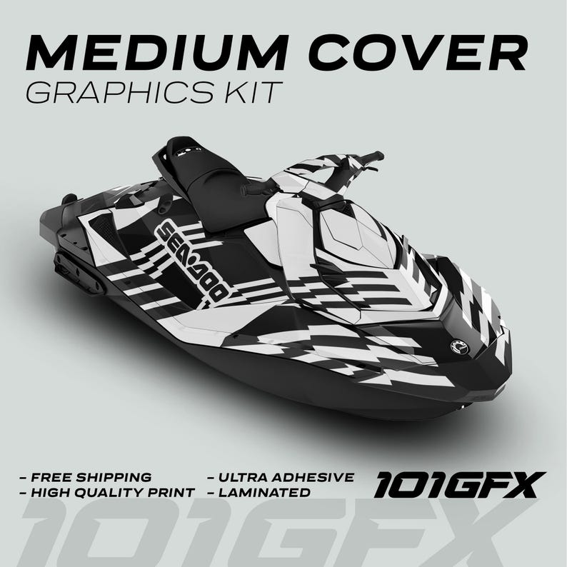 May include: Black and white graphic kit for a Sea-Doo jet ski. The kit features a bold, geometric pattern with a black and white color scheme. The kit is labeled "Medium Cover" and "101GFX".