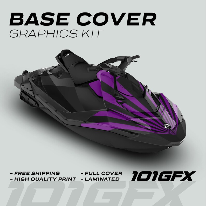 K&ouml;nnte beinhalten: Ein schwarz-violettes Jetski mit einem grafischen Design aus schwarzen und violetten Streifen. Das Jetski befindet sich auf einem wei&szlig;en Hintergrund. Der Text "BASE COVER GRAPHICS KIT" befindet sich oben im Bild. Der Text "101GFX" befindet sich unten im Bild.
