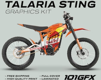 May include: A red, white, and yellow motorcycle graphics kit for a Talaria Sting electric dirt bike. The kit features the Red Bull logo and the words "Talaria Sting" and "Graphics Kit".