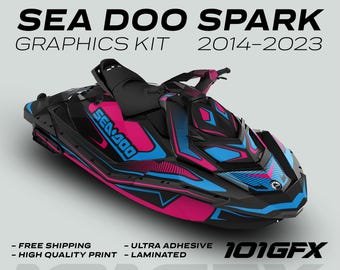 Sea Doo Spark Graphics kit RACE LINE Magenta Cyan 2014-2023 Sea-Doo Spark Trixx Decals Stickers SeaDoo