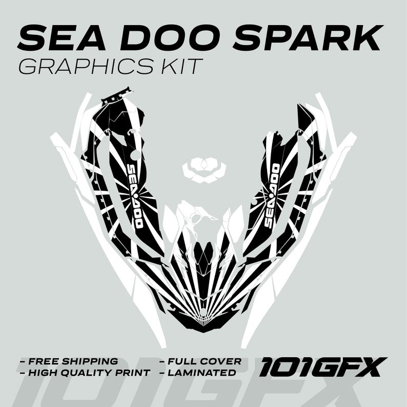 Puede incluir: Kit de dise&ntilde;o gr&aacute;fico en blanco y negro para una moto acu&aacute;tica Sea-Doo Spark. El dise&ntilde;o presenta un patr&oacute;n de onda estilizado con el logotipo de Sea-Doo repetido en toda la superficie. El kit incluye una cubierta completa y est&aacute; laminado para mayor durabilidad. 101GFX.