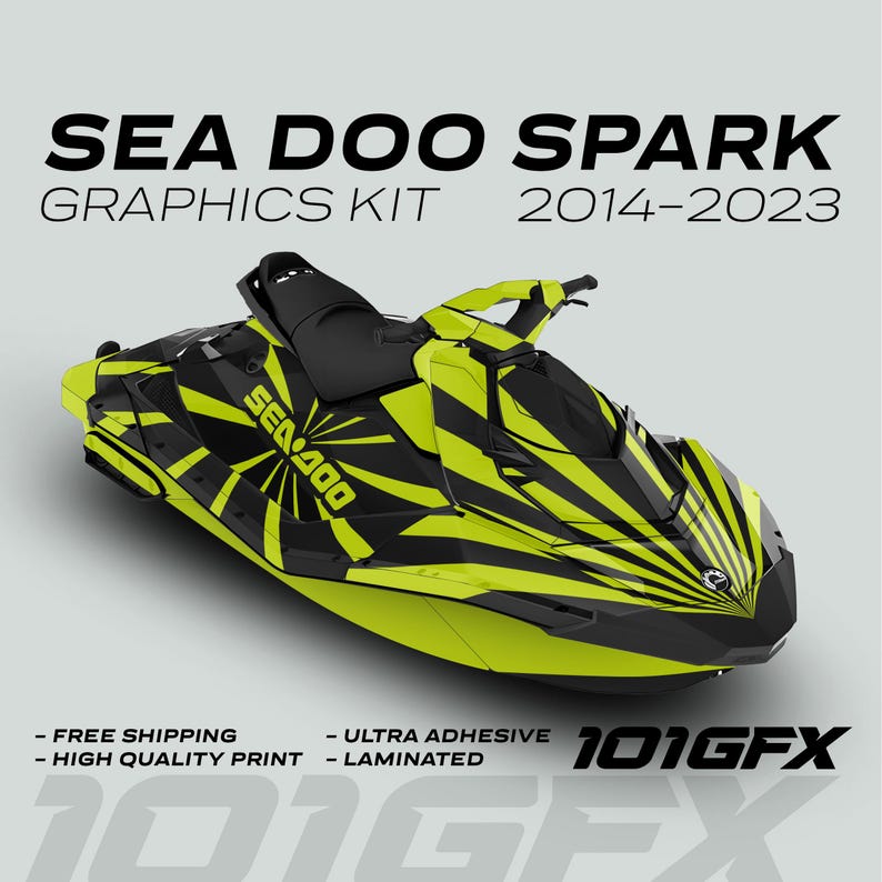 May include: A black and yellow Sea-Doo Spark jet ski graphics kit with a sunburst design. The kit includes graphics for the hull, sides, and front of the jet ski. The kit is compatible with 2014-2023 models.
