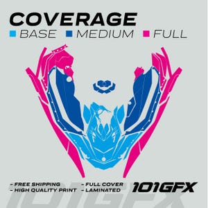 May include: A graphic design for a motorcycle featuring a blue and pink color scheme. The design is labeled "Coverage" with options for "Base", "Medium", and "Full". The design also includes the text "101GFX" and the words "Free Shipping", "High Quality Print", "Full Cover", and "Laminated".
