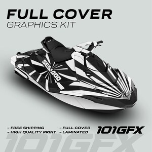 Puede incluir: Kit de gr&aacute;ficos de cobertura completa en blanco y negro para una moto acu&aacute;tica Sea-Doo. El dise&ntilde;o presenta un patr&oacute;n geom&eacute;trico audaz con un motivo de rayos de sol. El kit incluye env&iacute;o gratuito y est&aacute; laminado para mayor durabilidad.