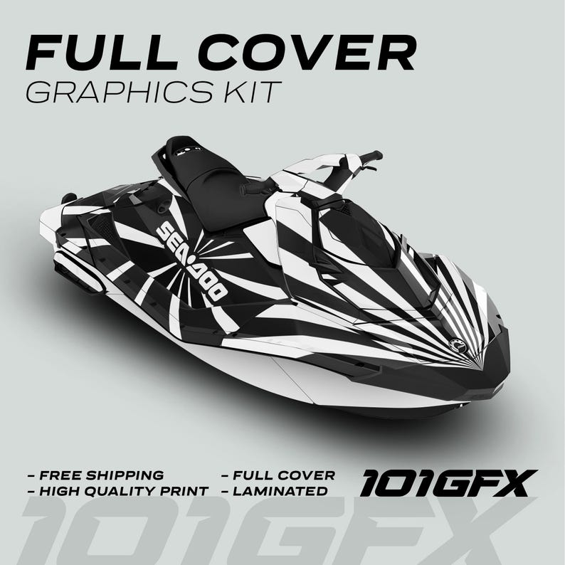 Puede incluir: Kit de gr&aacute;ficos de cobertura completa en blanco y negro para una moto acu&aacute;tica Sea-Doo. El dise&ntilde;o presenta un patr&oacute;n geom&eacute;trico audaz con un motivo de rayos de sol. El kit incluye env&iacute;o gratuito y est&aacute; laminado para mayor durabilidad.