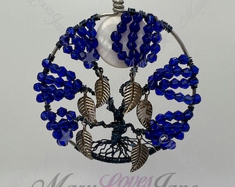 2&quot; Blue Wire Tree of Life Pendant with Austrian Crystal Bicones, Mother of Pearl Moon, and Leaf Charms
