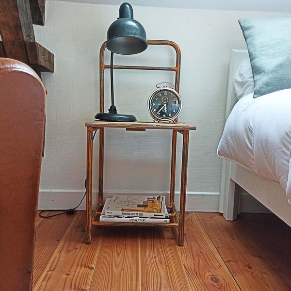 Wooden and vintage metal bedside