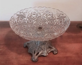 Ancienne Coupe de fruit en verre sculpté et métal/compotier/ présentoir sur pied vintage