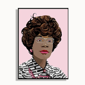 May include: A digital illustration of a woman with brown hair styled in an afro, wearing glasses and a black and white patterned shirt with pink accents. The background is pink.