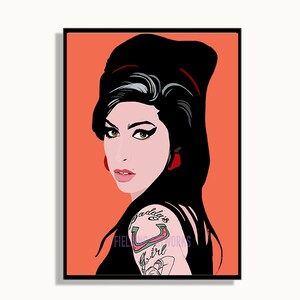 May include: A digital illustration of a woman with black hair and red lipstick. She is wearing a black dress and has a tattoo on her shoulder that says "daddy's girl". The background is a solid orange color.