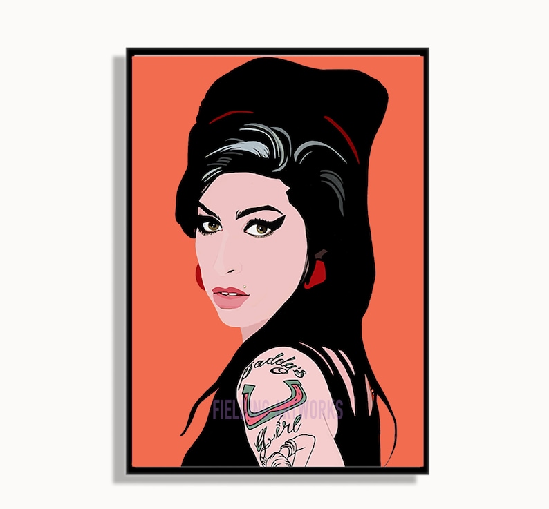 May include: A digital illustration of a woman with black hair and red lipstick. She is wearing a black dress and has a tattoo on her shoulder that says "daddy's girl". The background is a solid orange color.