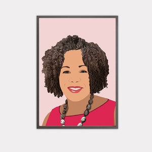 May include: A digital illustration of a woman with curly brown hair wearing a red sleeveless dress and a beaded necklace. The background is a light pink.