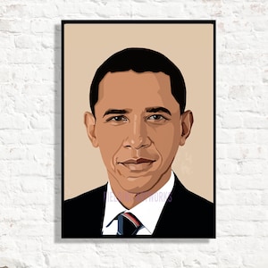 May include: A digital illustration of Barack Obama in a black suit with a white shirt and a blue tie. The background is a light brown color.
