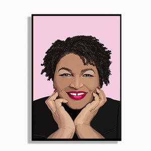 May include: A digital illustration of a woman with short, curly black hair. She is smiling and has her hands on her chin. The background is a light pink color.