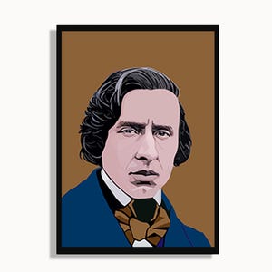 May include: A framed portrait of a man with dark hair and a serious expression. He wears a blue jacket, a white collared shirt, and a brown bow tie. The background is a solid brown colour.