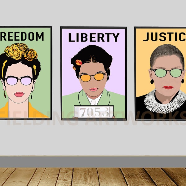 Set of 3, Ruth Bader Ginsburg, Rosa Parks, Frida Kahlo, Bold Graphics, Feminist Office Wall Art, Pop Art, Inspiring Iconic women,