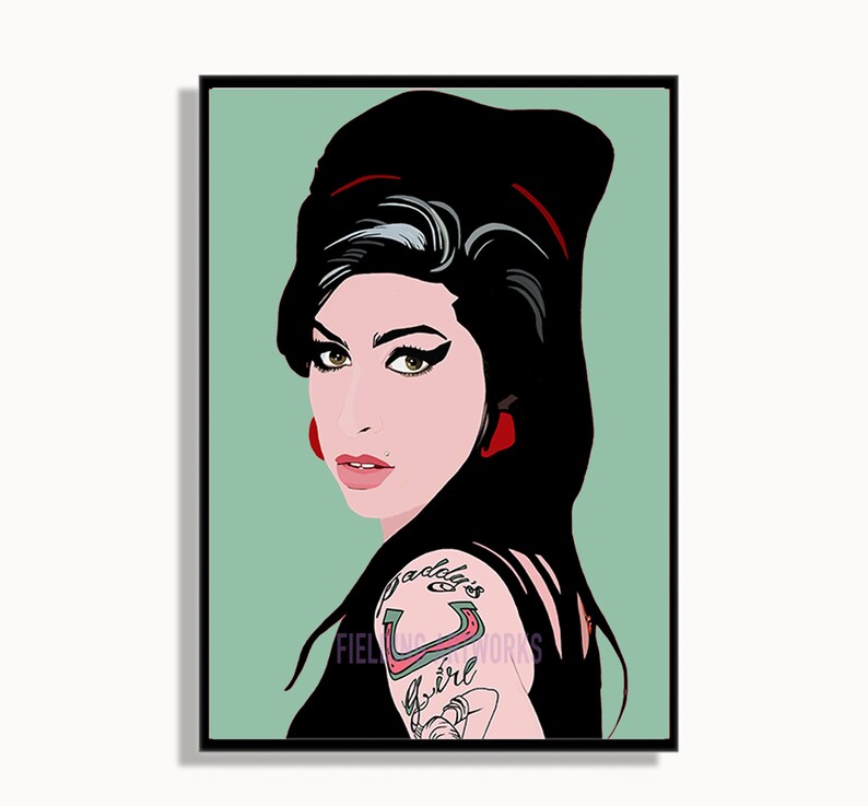 May include: A digital illustration of a woman with black hair and red lipstick. She is wearing a black top and has a tattoo on her shoulder that says "daddy's girl". The background is a light green color.