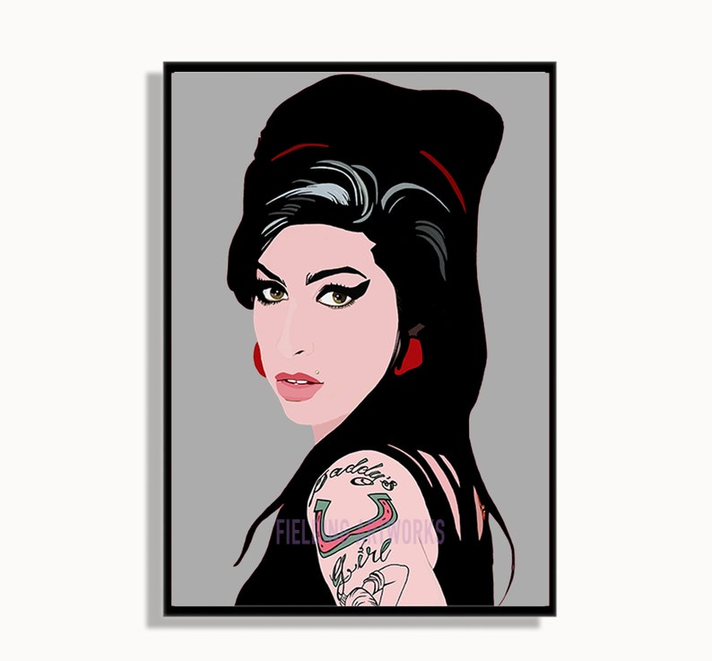May include: A black and white illustration of a woman with dark hair and red lipstick. She is wearing a black dress and has a tattoo on her shoulder that says "Daddy's girl".