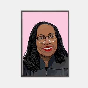 May include: A digital illustration of a woman with dark brown skin, wearing glasses and a black robe. She has long, dark brown hair and is smiling. The background is a light pink color.