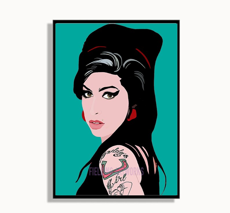May include: A digital illustration of a woman with black hair and a red headband. She is wearing a black top and has a tattoo on her shoulder that says "daddy's girl". The background is teal.