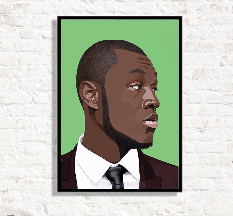 May include: A digital illustration of a person with dark skin wearing a dark suit jacket, a white shirt, and a dark tie. The background is a solid green color. The text "FIELDING ARTWORKS" is at the bottom of the image.