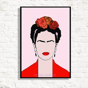 May include: A digital illustration of Frida Kahlo with a red flower crown on a pink background. The illustration is in a minimalist style with black outlines and bold colors. The text "FIELDING ARTWORKS" is at the bottom of the image.