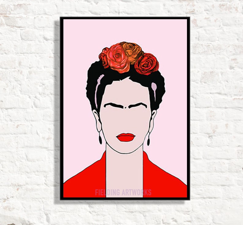 May include: A digital illustration of Frida Kahlo with a red flower crown on a pink background. The illustration is in a minimalist style with black outlines and bold colors. The text "FIELDING ARTWORKS" is at the bottom of the image.