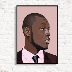 May include: A digital illustration of a man with dark skin wearing a pink shirt and a dark brown suit jacket with a black tie. The background is a light pink color.